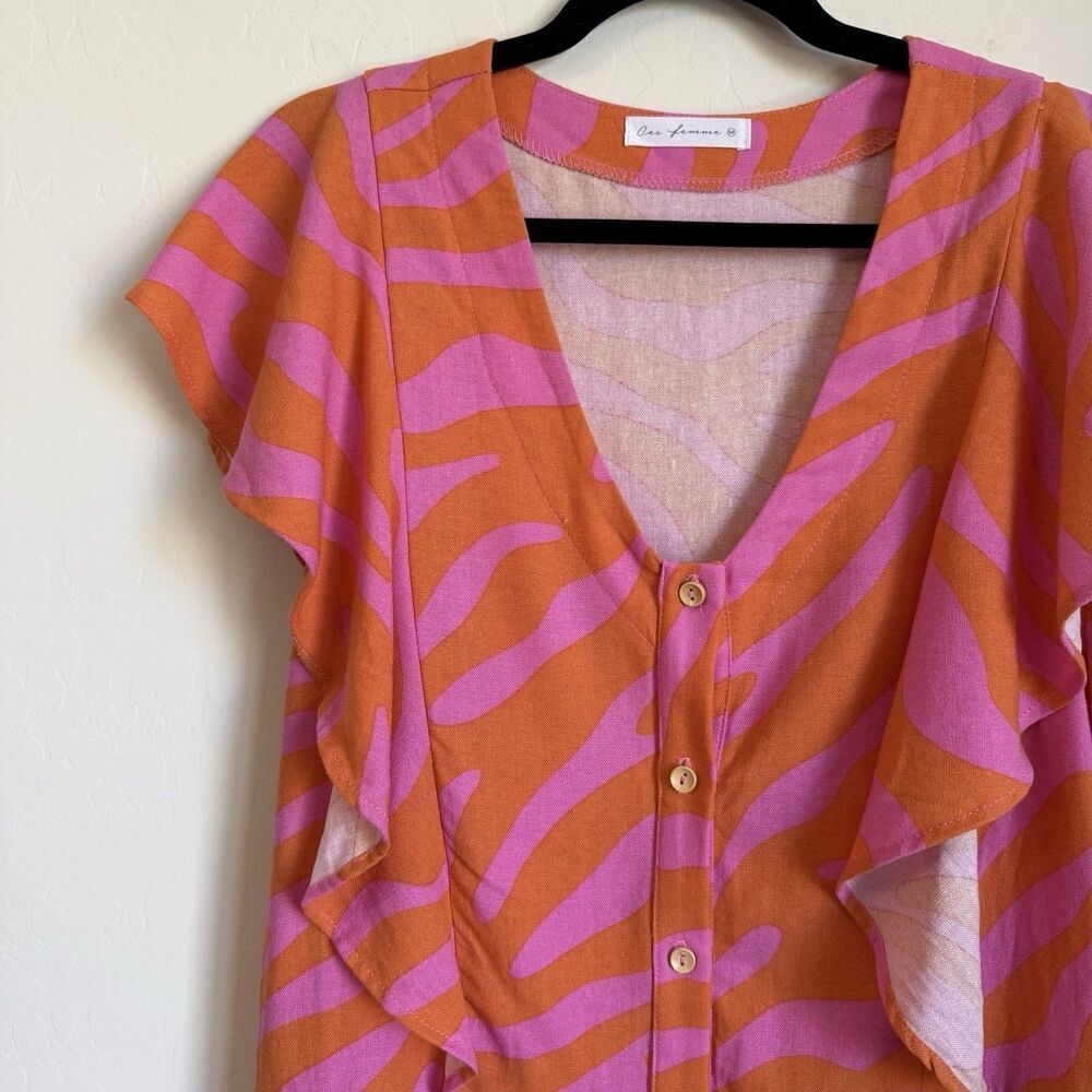 Hot Pink & Orange Zebra Animal Print Linen Blend Romper Artsy Resort Wear Medium - Picture 4 of 9